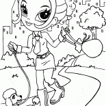 女の子は彼女のペットを歩いています